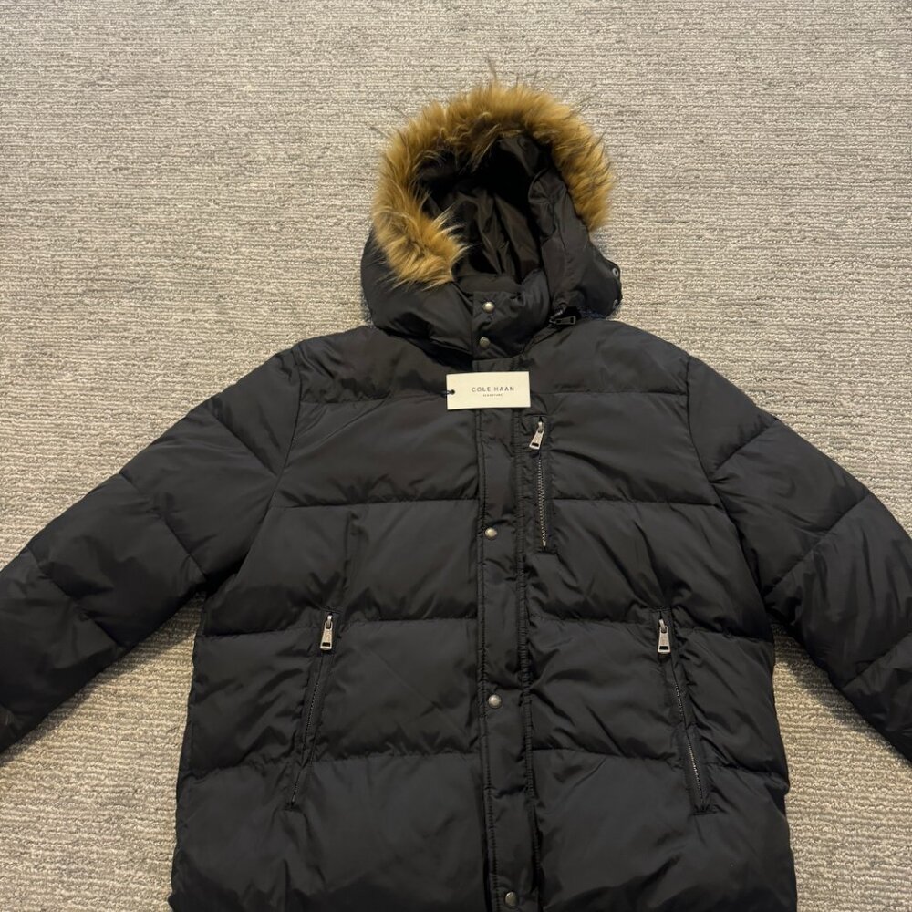Cole Haan Men's Puffer Coat With Faux Fur Trim Detachable Hood XXL